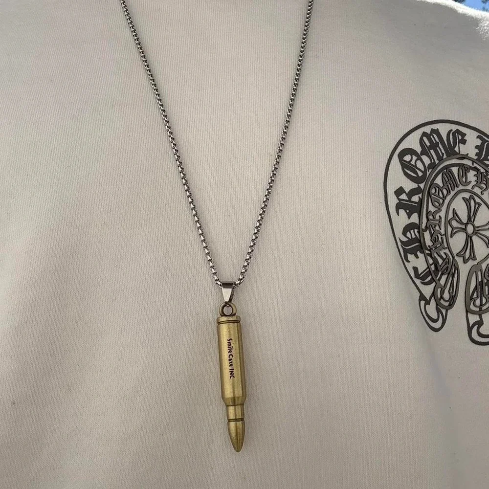 Gold Bullet Pendant Necklace Crossfire Smile Gate INC 26in Chain Mens Accessory